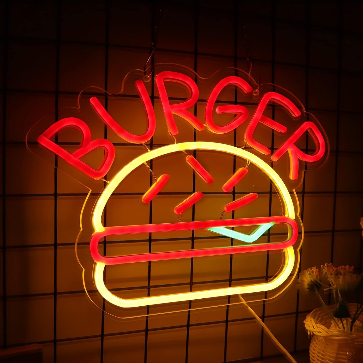 לוגו שלט ניאון תאורת המבורגר על הקיר